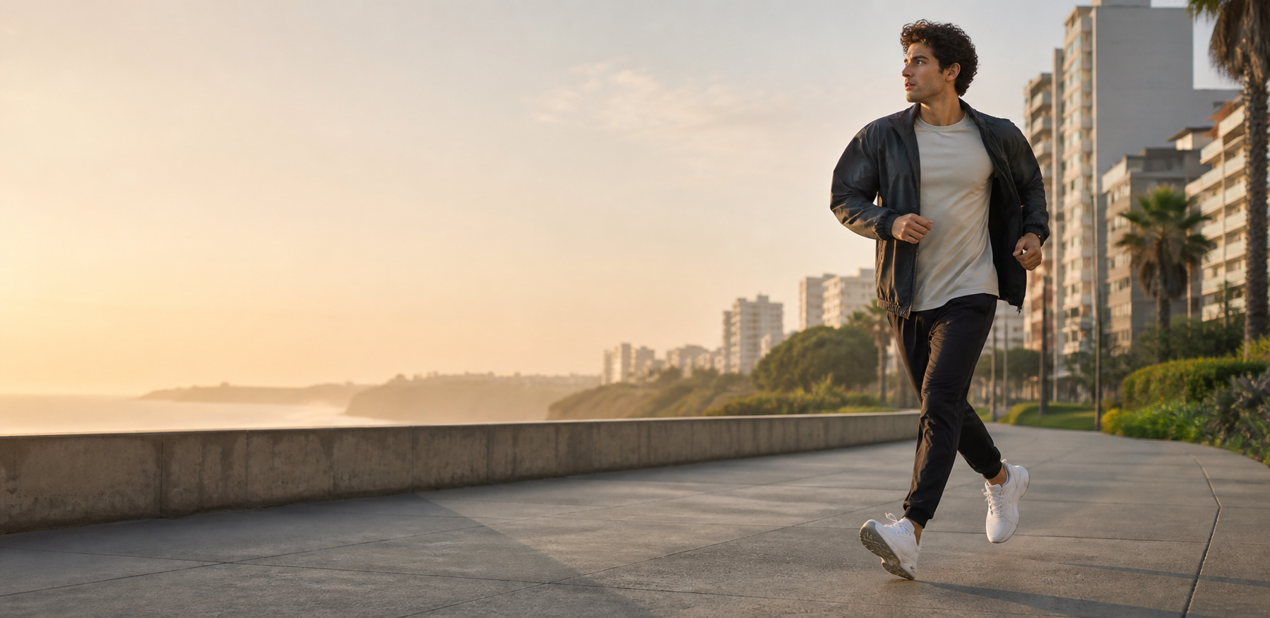 Persona corriendo con zapatillas en la costa urbana de Lima al amanecer